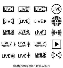 Set of live streaming icons. Black outline symbols and buttons of live streaming, broadcasting, online stream, online webinar. Lower third template for tv, shows, movies and live performances. Vector