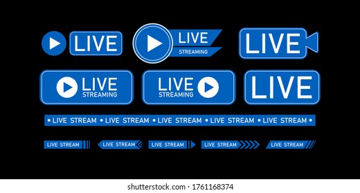 Set of live streaming icons. Blue symbols and buttons of live streaming, broadcasting, online stream. template for tv, shows, movies and live performances. Vector	