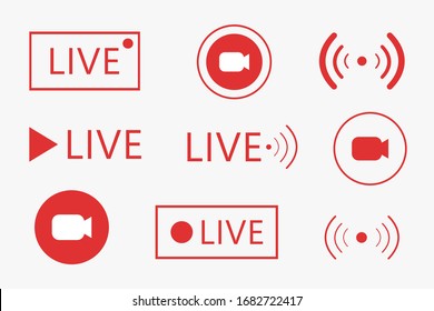 Set of live streaming icons. Set of Live broadcasting icons. Button, red symbols for news, TV, movies, shows. Vector