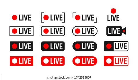 Set of live streaming icons. Broadcasting. Red symbols and buttons of live stream, online stream. Vector stock illustration.