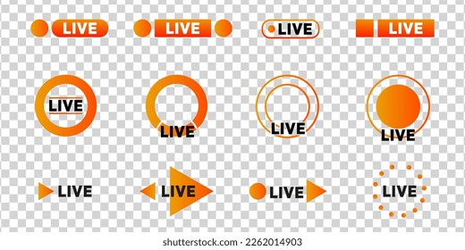 Set of live streaming icons. Set of Live broadcasting icons. Button, red and orange gradient symbols for news, TV, movies, shows. Vector