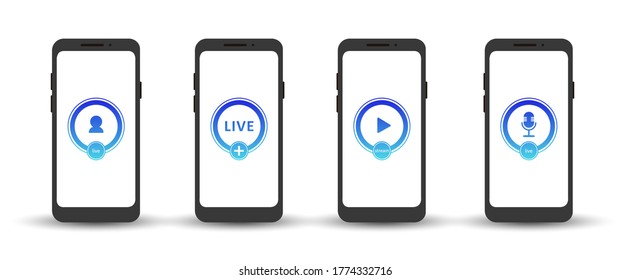 Set von Live-Streaming-Symbolen. Farbige Symbole und Buttons von Live-Streaming, Rundfunk, Online-Webinar. Label für TV, Shows, Filme und Live-Aufführungen. Vektorflache Illustration. EPS10.