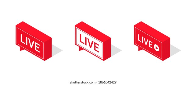 Set of live streaming icons, isometric style. Red symbols and buttons of live streaming, broadcasting, online stream. Lower third template for tv, shows, movies and live performances. Vector