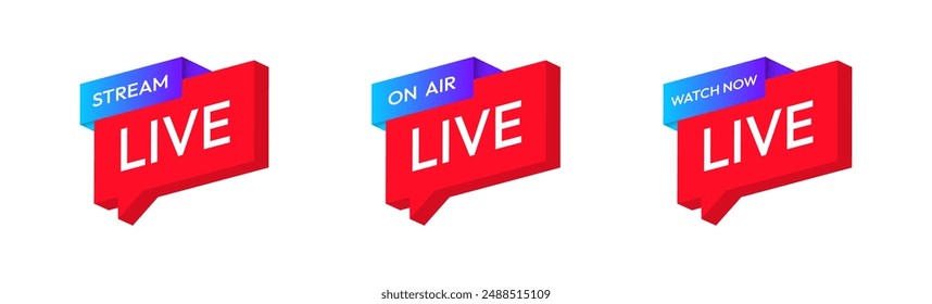 Set of live streaming icons, isometric style. Red symbols and buttons for live streaming, broadcasting, and online stream. Lower third template for TV shows, movies, and live performances. Vector