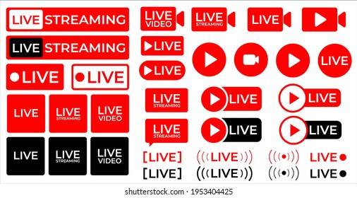 
Set of live streaming icons. lower thirds, Red symbols and buttons of the live streaming, broadcasting, online stream. Template tv, shows, movies, and live performances. Vector