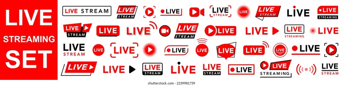 Set of live streaming icons. Mega set of live streaming vector icons. Live streaming set. Red and black symbols and buttons of live streaming. Set of video broadcasting