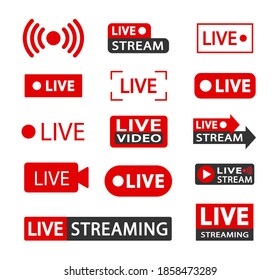 Set of live streaming icons Online Icon  video broadcasting. Red  and blacksymbols and buttons of live streaming, broadcasting, online stream.  Symbols for news, TV, movies, shows