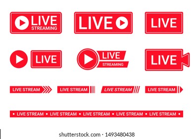 Set of live streaming icons. Red symbols and buttons of live streaming, broadcasting, online stream. Lower third template for tv, shows, movies and live performances. Vector