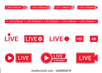 Set of live streaming icons. Red symbols and buttons of live streaming, broadcasting, online stream. Lower third template for TV, shows, movies and live performances. Vector