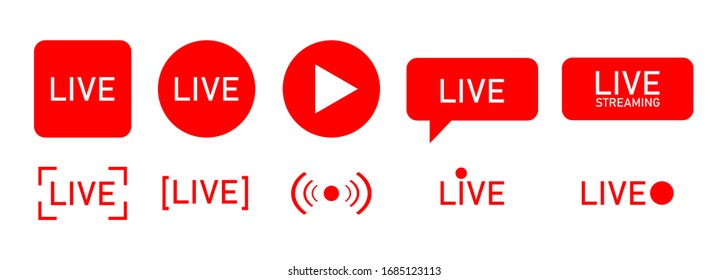 Set of live streaming icons. Red symbols and buttons of live streaming, broadcasting, online stream. Lower third template for tv, shows, movies and live performances. Vector