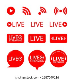 Set of live streaming icons. Red symbols and buttons of live streaming, broadcasting, online stream. third template for tv, shows, movies and live performances. Vector illustration.