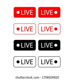 Conjunto de iconos de transmisión en vivo. Símbolos rojos y botones de transmisión en vivo, transmisión en línea. Tercera plantilla inferior para televisión, espectáculos, películas y actuaciones en directo. Vector