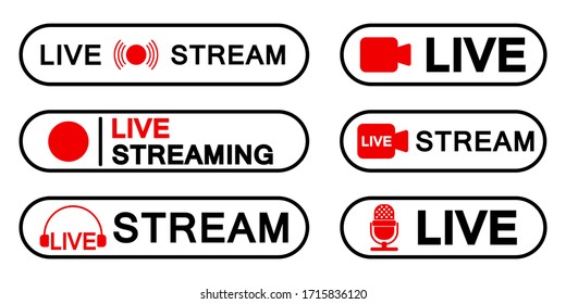Set of live streaming icons, red symbols and buttons of live streaming, broadcasting, online stream, third template for tv, shows, movies and live performances vector illustration