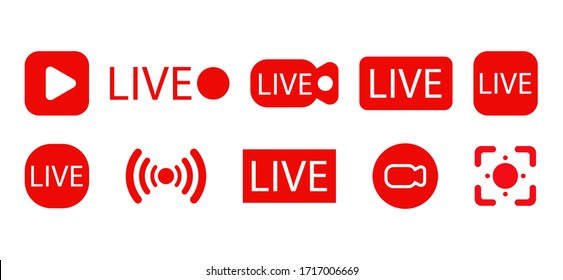 Set of live streaming icons. Red symbols and buttons of live streaming, broadcasting, online stream. Lower third template for tv, shows, movies and live performances. Vector EPS 10