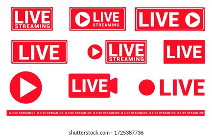 Conjunto de iconos de streaming en vivo. Símbolos rojos y botones de transmisión en vivo, transmisión en línea. Tercera plantilla inferior para televisión, espectáculos, películas y actuaciones en directo. Vector