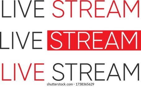 Conjunto de iconos de streaming en vivo. Símbolos rojos y botones de transmisión en vivo, transmisión en línea. Tercera plantilla inferior para televisión, espectáculos, películas y actuaciones en directo. Vector