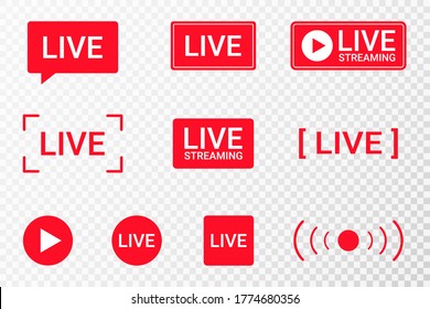 Set of live streaming icons. Red symbols and buttons of live streaming, broadcasting, online stream. Lower third template for TV, shows, movies and live performances. Vector