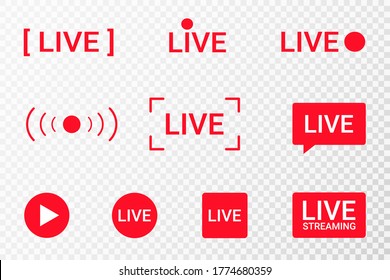 Set of live streaming icons. Red symbols and buttons of live streaming, broadcasting, online stream. Lower third template for TV, shows, movies and live performances. Vector