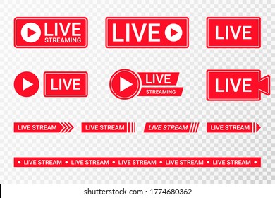 Set of live streaming icons. Red symbols and buttons of live streaming, broadcasting, online stream. Lower third template for TV, shows, movies and live performances. Vector