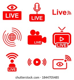 Set of live streaming icons. Red symbols and buttons of live streaming, broadcasting, online stream,  movies and live performances. Vector illustration