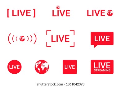 Set of live streaming icons. Red symbols and buttons of live streaming, broadcasting, online stream. Lower third template for tv, shows, movies and live performances. Vector