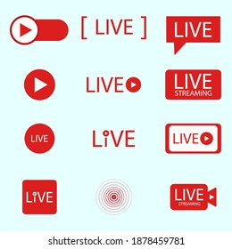 Set of live streaming icons. Red symbols and buttons of live streaming,online stream.For tv, shows, movies and live performances. Vector