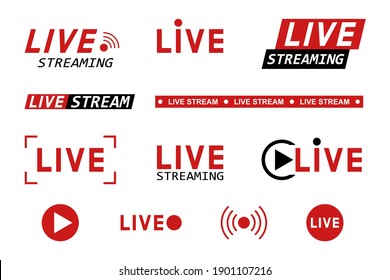 Set of live streaming icons. Red and black symbols and buttons of live streaming, broadcasting, online stream. Template for tv, shows, movies and live performances. Vector illustration