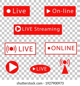 Set of live streaming icons. Red symbols and buttons of live streaming, broadcasting, online stream. 