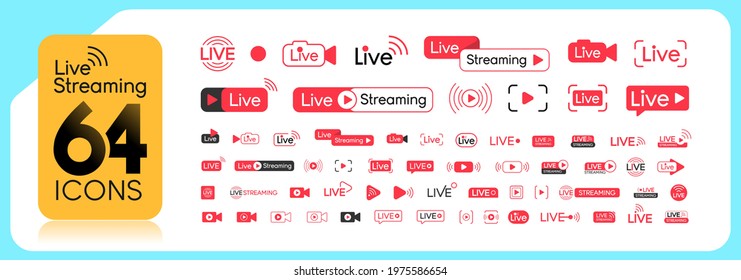 Set of live streaming icons. Red symbols and buttons of live streaming, broadcasting, online stream. Lower third template for tv, shows, movies and live performances. Vector