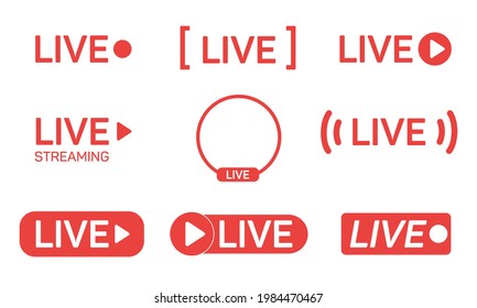 Set of live streaming icons. Red symbols and buttons of live streaming, broadcasting, online stream. Vector illustration.