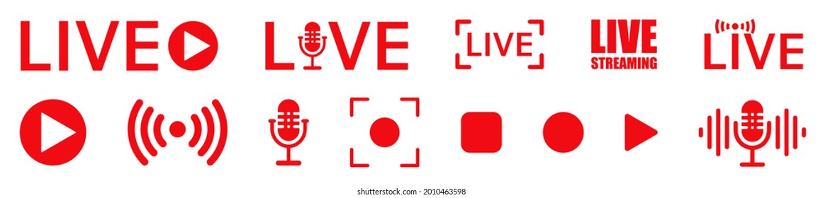 Juego de iconos de streaming en vivo, emisión de vídeo rojo e icono de streaming en vivo