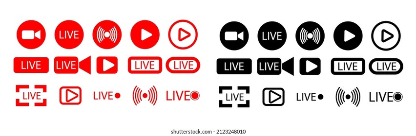 Set of live streaming icons. Red symbols and buttons of live streaming, broadcasting, online stream. Lower third template for tv, shows, movies and live performances. Vector.