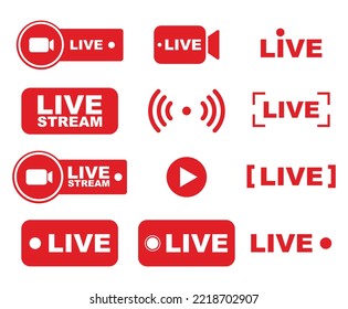 Set of live streaming icons. Red symbols and buttons of live streaming, broadcasting, online stream. Lower third template for tv, shows, movies and live performances. Vector