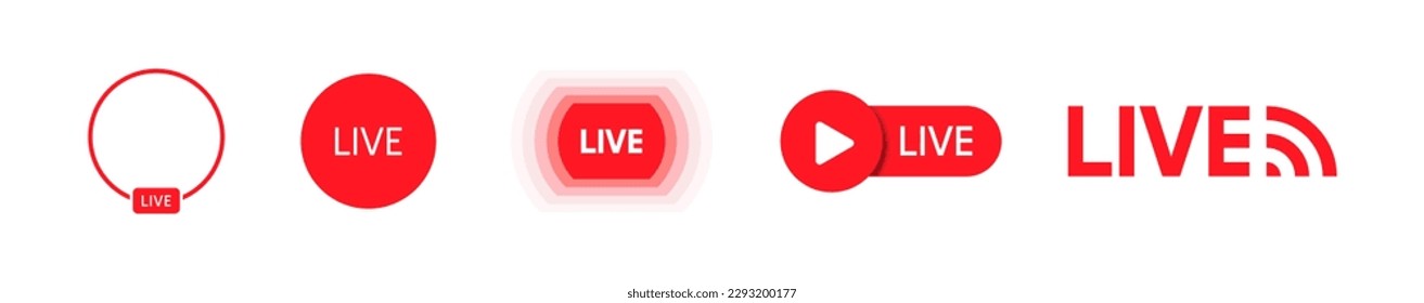 Set of live streaming icons. Red symbols and buttons of live streaming, broadcasting, online stream. Lower third template for tv, shows, movies and live performances 10 eps.