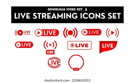 Set of live streaming icons. Red symbols and buttons of live streaming, broadcasting, online stream. Lower third template for tv, shows, movies and live performances. Vector
