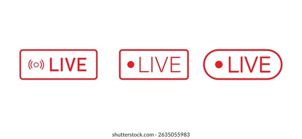 Set of live streaming icons. Red symbols and buttons of live streaming, broadcasting, online stream. Lower third template for tv, shows, movies and live performances. Vector