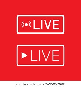 Conjunto de iconos de transmisión en vivo. Símbolos rojos y Botones de transmisión en vivo, transmisión, transmisión en línea. Tercera Plantilla inferior para televisión, espectáculos, películas y actuaciones en vivo. Vector