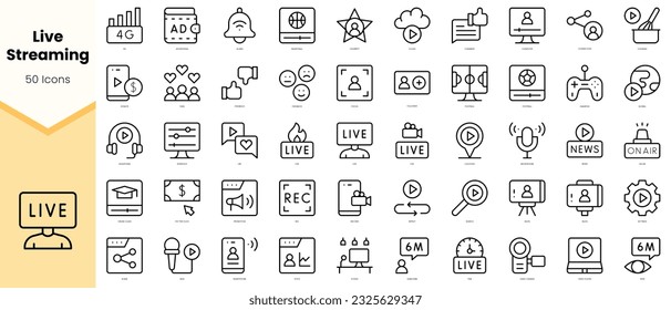 Conjunto de Iconos de streaming en vivo. Paquete de iconos de estilo de arte de línea simple. Ilustración del vector