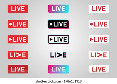 Set of live streaming icons. Symbols and buttons of live streaming, online stream. Live stream social media icons set. Vector illustration. EPS10