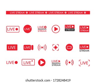 Conjunto de iconos de streaming en vivo. Conjunto de imágenes de transmisión de video y streaming en vivo. Botón, símbolos rojos para TV, noticias, películas, programas. Ilustración del vector