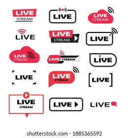 Set of live streaming icons. Set of video broadcasting and live streaming icon. Button, red symbols for TV, news, movies, shows