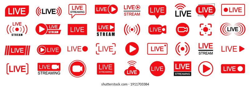 Set of live streaming icons. Set of video broadcasting and live streaming icon. Button, red symbols for TV, news, movies, shows - vector