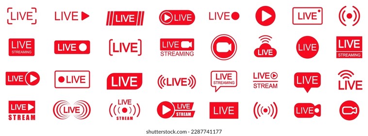 Set of live streaming icons. Set of video broadcasting and live streaming icon. Button, red symbols for TV, news, movies, shows - vector for stock