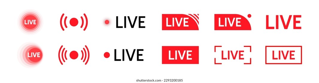 Set of live streaming icons. Set of video broadcasting and live streaming icon. Button, red symbols for TV, news, movies, shows - stock vector 10 eps.