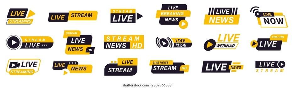 Set of live streaming, live news, live webinar badge logo