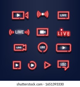 Set of live streaming red neon lights. Neon sign. Music style. Vector illustration.