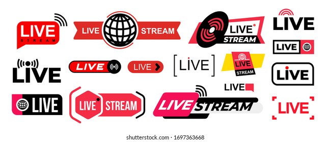 Set of live streaming vector icons. Colored symbols and buttons of live streaming, broadcasting, online stream. Design for tv, shows, movies and live performances. Isolated on white background.