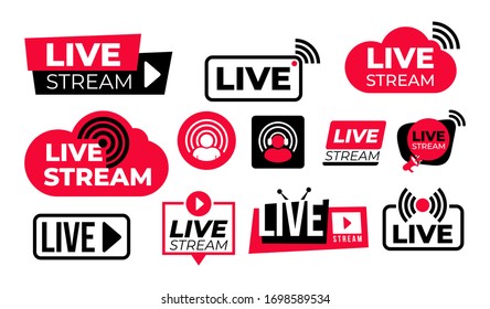 Set of live streaming vector icons. Red and black symbols and buttons of live streaming, broadcasting, online stream. Design for tv, shows, movies and live performances. Isolated on white background.
