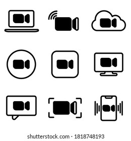 Set of live streaming vector icons. Black symbols and buttons of webinars, broadcasting, online stream. Lower third template for tv, shows, movies, and live performances. Stock illustration.