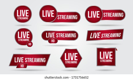 Set Of Live Video Streaming Icons Logo Tv News Banner Interface.Red Symbols Lower Third Template Broadcast.Red Set Of Media Labels On Transparent Background.